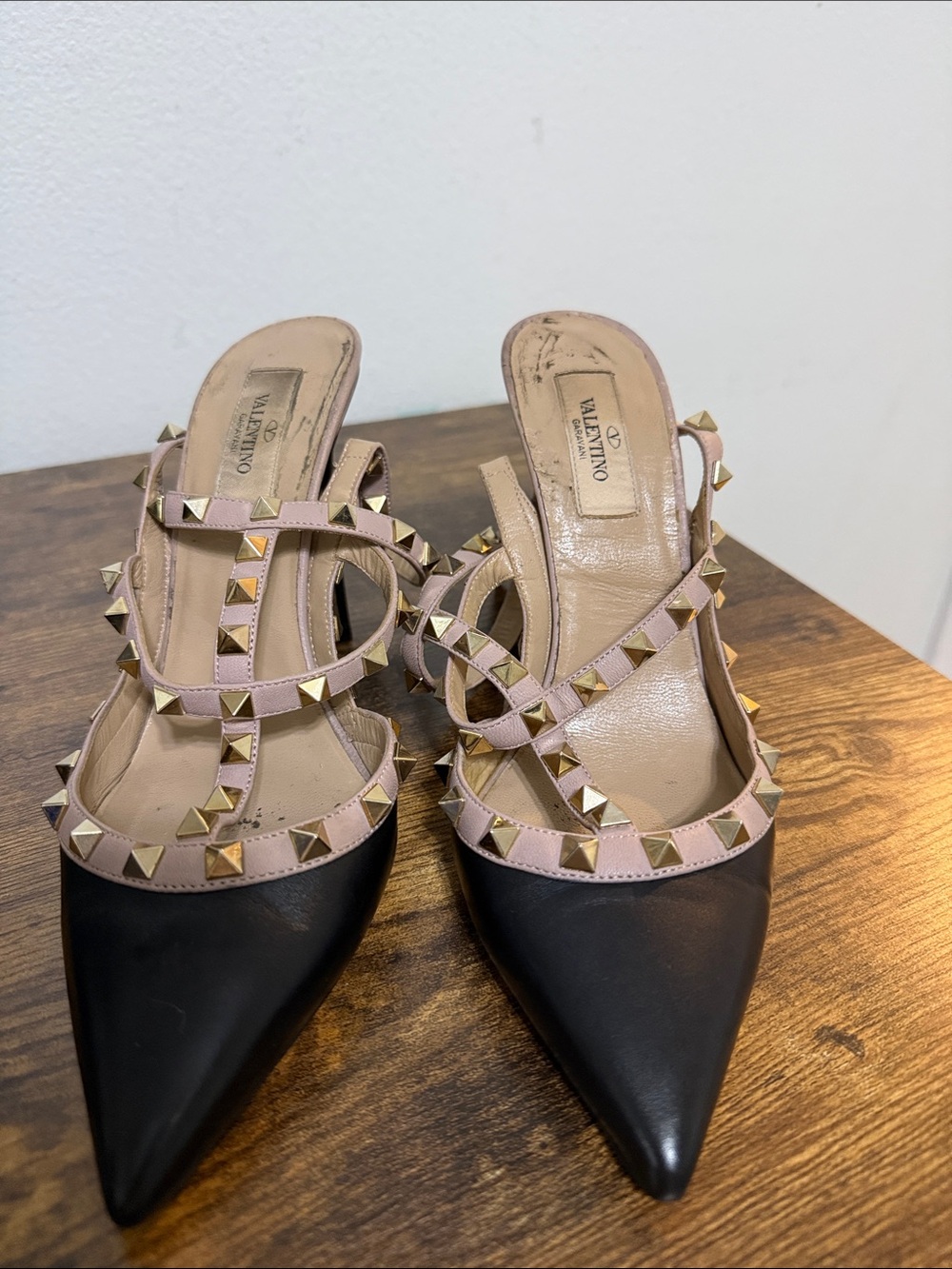 Valentino Black Pointed Leather Slingback with Pink Studded Straps